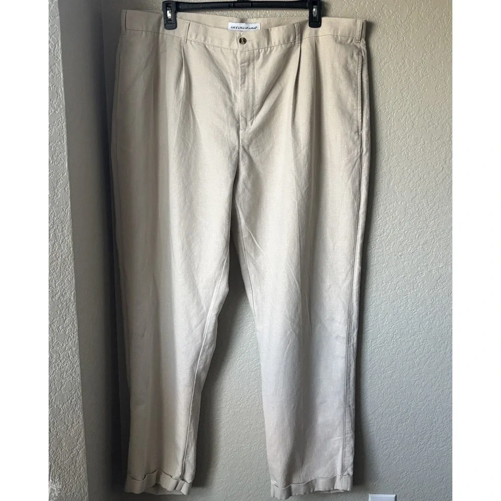 Men's 46x 32 Linen Cotton Pleated Dress Pants Beige Cuffed Irvine Park